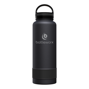 Bottleworx 40 oz insulated bottles in stainless steel, white, and black with customizable corporate packages, featuring loop lids and additional drinking lid options.