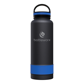 Bottleworx 40 oz insulated bottles in stainless steel, white, and black with customizable corporate packages, featuring loop lids and additional drinking lid options.