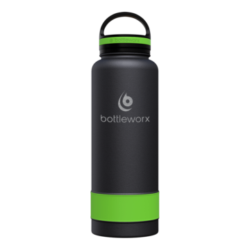 Bottleworx 40 oz insulated bottles in stainless steel, white, and black with customizable corporate packages, featuring loop lids and additional drinking lid options.