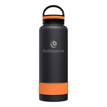 Bottleworx 40 oz insulated bottles in stainless steel, white, and black with customizable corporate packages, featuring loop lids and additional drinking lid options.