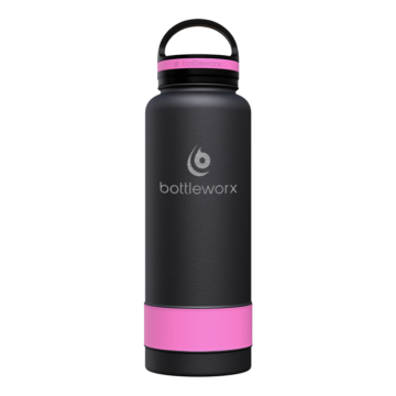 Bottleworx 40 oz insulated bottles in stainless steel, white, and black with customizable corporate packages, featuring loop lids and additional drinking lid options.