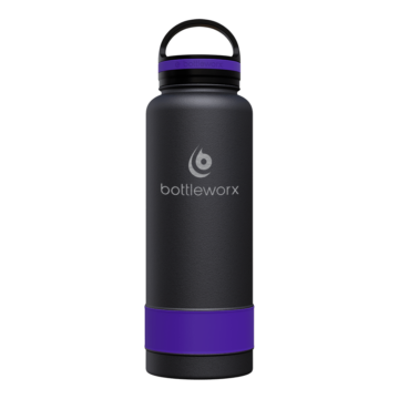 Bottleworx 40 oz insulated bottles in stainless steel, white, and black with customizable corporate packages, featuring loop lids and additional drinking lid options.