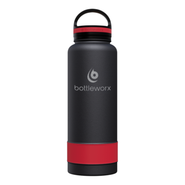 Bottleworx 40 oz insulated bottles in stainless steel, white, and black with customizable corporate packages, featuring loop lids and additional drinking lid options.