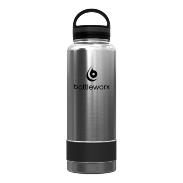 Bottleworx 40 oz insulated bottles in stainless steel, white, and black with customizable corporate packages, featuring loop lids and additional drinking lid options.