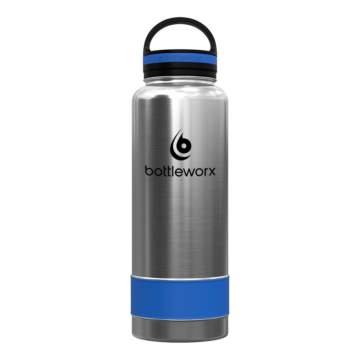Bottleworx 40 oz insulated bottles in stainless steel, white, and black with customizable corporate packages, featuring loop lids and additional drinking lid options.