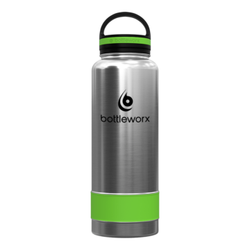 Bottleworx 40 oz insulated bottles in stainless steel, white, and black with customizable corporate packages, featuring loop lids and additional drinking lid options.