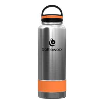 Bottleworx 40 oz insulated bottles in stainless steel, white, and black with customizable corporate packages, featuring loop lids and additional drinking lid options.