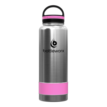 Bottleworx 40 oz insulated bottles in stainless steel, white, and black with customizable corporate packages, featuring loop lids and additional drinking lid options.