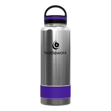Bottleworx 40 oz insulated bottles in stainless steel, white, and black with customizable corporate packages, featuring loop lids and additional drinking lid options.