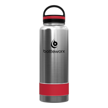 Bottleworx 40 oz insulated bottles in stainless steel, white, and black with customizable corporate packages, featuring loop lids and additional drinking lid options.