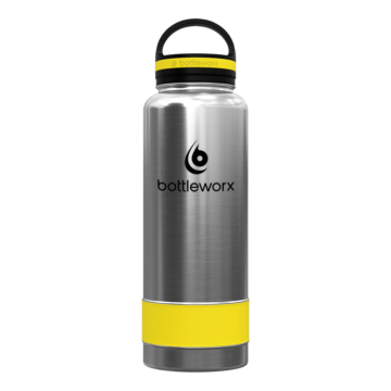 Bottleworx 40 oz insulated bottles in stainless steel, white, and black with customizable corporate packages, featuring loop lids and additional drinking lid options.