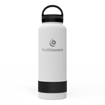 Bottleworx 40 oz insulated bottles in stainless steel, white, and black with customizable corporate packages, featuring loop lids and additional drinking lid options.