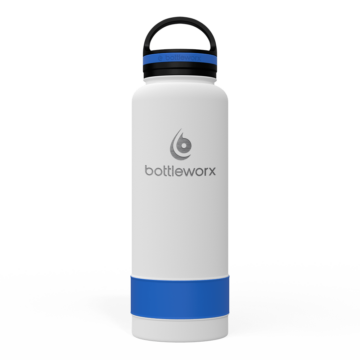 Bottleworx 40 oz insulated bottles in stainless steel, white, and black with customizable corporate packages, featuring loop lids and additional drinking lid options.