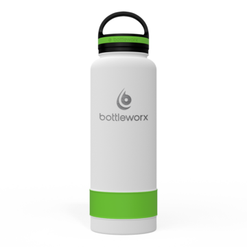 Bottleworx 40 oz insulated bottles in stainless steel, white, and black with customizable corporate packages, featuring loop lids and additional drinking lid options.