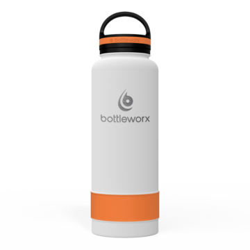 Bottleworx 40 oz insulated bottles in stainless steel, white, and black with customizable corporate packages, featuring loop lids and additional drinking lid options.