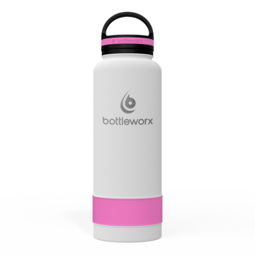 Bottleworx 40 oz insulated bottles in stainless steel, white, and black with customizable corporate packages, featuring loop lids and additional drinking lid options.