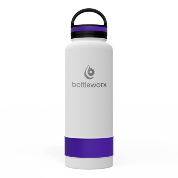 Bottleworx 40 oz insulated bottles in stainless steel, white, and black with customizable corporate packages, featuring loop lids and additional drinking lid options.
