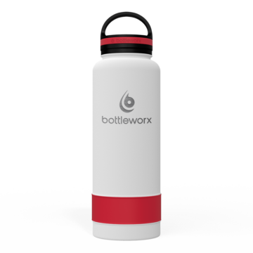 Bottleworx 40 oz insulated bottles in stainless steel, white, and black with customizable corporate packages, featuring loop lids and additional drinking lid options.