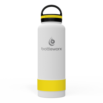 Bottleworx 40 oz insulated bottles in stainless steel, white, and black with customizable corporate packages, featuring loop lids and additional drinking lid options.