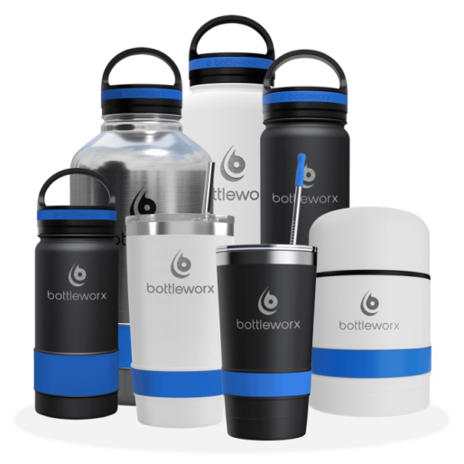 Grouped photo showcasing all Bottleworx products, including insulated bottles, tumblers, growlers, loop lids, sport caps, silicone straw lids, hot lids, and tea infusers