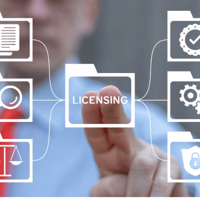 Business professional managing software licensing through a digital interface, emphasizing compliance and optimization.