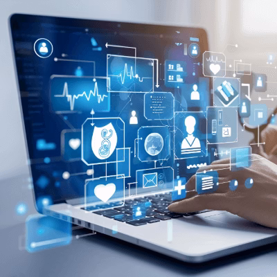 Professional providing software consultation services, analyzing digital software solutions on a laptop
