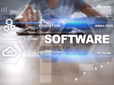 Business professional interacting with a digital interface showing 'Software' and related concepts like analysis, design, implementation, and testing