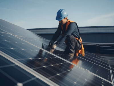 A professional technician wearing a blue hard hat and safety harness installs solar panels on a commercial rooftop, showcasing Aspire Renewables' expertise in solar power installations, energy efficiency, and renewable energy solutions on Elevate Local.