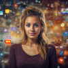 Woman surrounded by interconnected social media icons representing digital branding