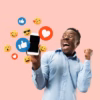 Social media post design showing a happy man holding a phone surrounded by digital emoji reactions